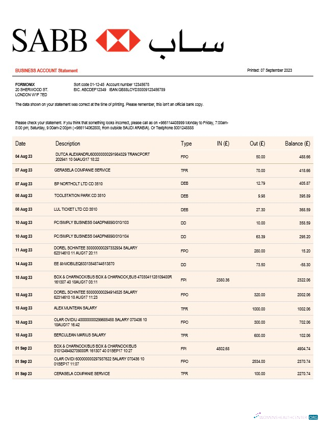 Download SABB Bank company statement Word and PDF template Photoshop template